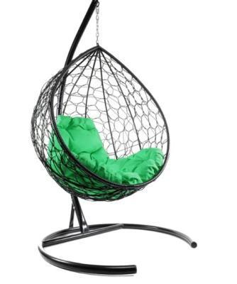 Кресло подвесное КАПЛЯ с ротангом черное, зелёная подушка в интернет гипермаркете «Планета Лета». Фото