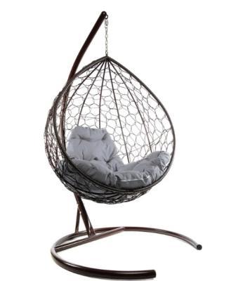 Кресло подвесное КАПЛЯ с ротангом коричневое, серая подушка в интернет гипермаркете «Планета Лета». Фото