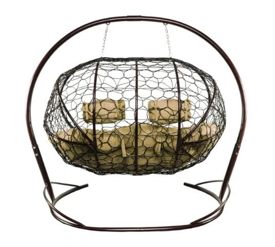 Подвесной диван ЛЕЖЕБОКА с ротангом коричневый, бежевая подушка 11180201 в интернет гипермаркете «Планета Лета». Фото