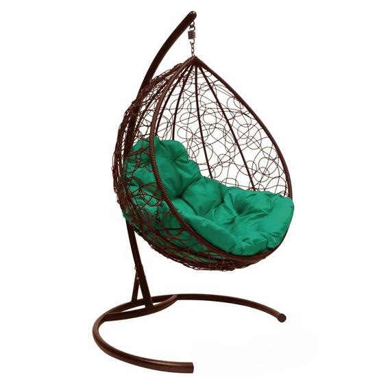 Кресло подвесное КАПЛЯ с ротангом коричневое, зелёная подушка в интернет гипермаркете «Планета Лета». Фото