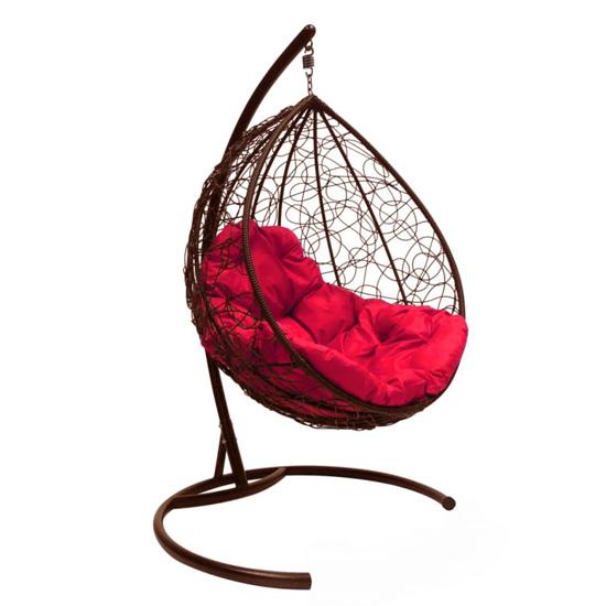 Кресло подвесное КАПЛЯ с ротангом коричневое, красная подушка в интернет гипермаркете «Планета Лета». Фото