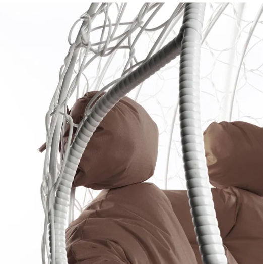Кресло подвесное ДЛЯ ДВОИХ с ротангом белое, коричневая подушка в интернет гипермаркете «Планета Лета». Фото