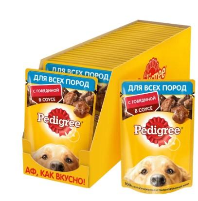 Корм влажный для собак всех пород Pedigree, с говядиной, кусочки в соусе, 28 х 85 г в интернет гипермаркете «Планета Лета». Фото
